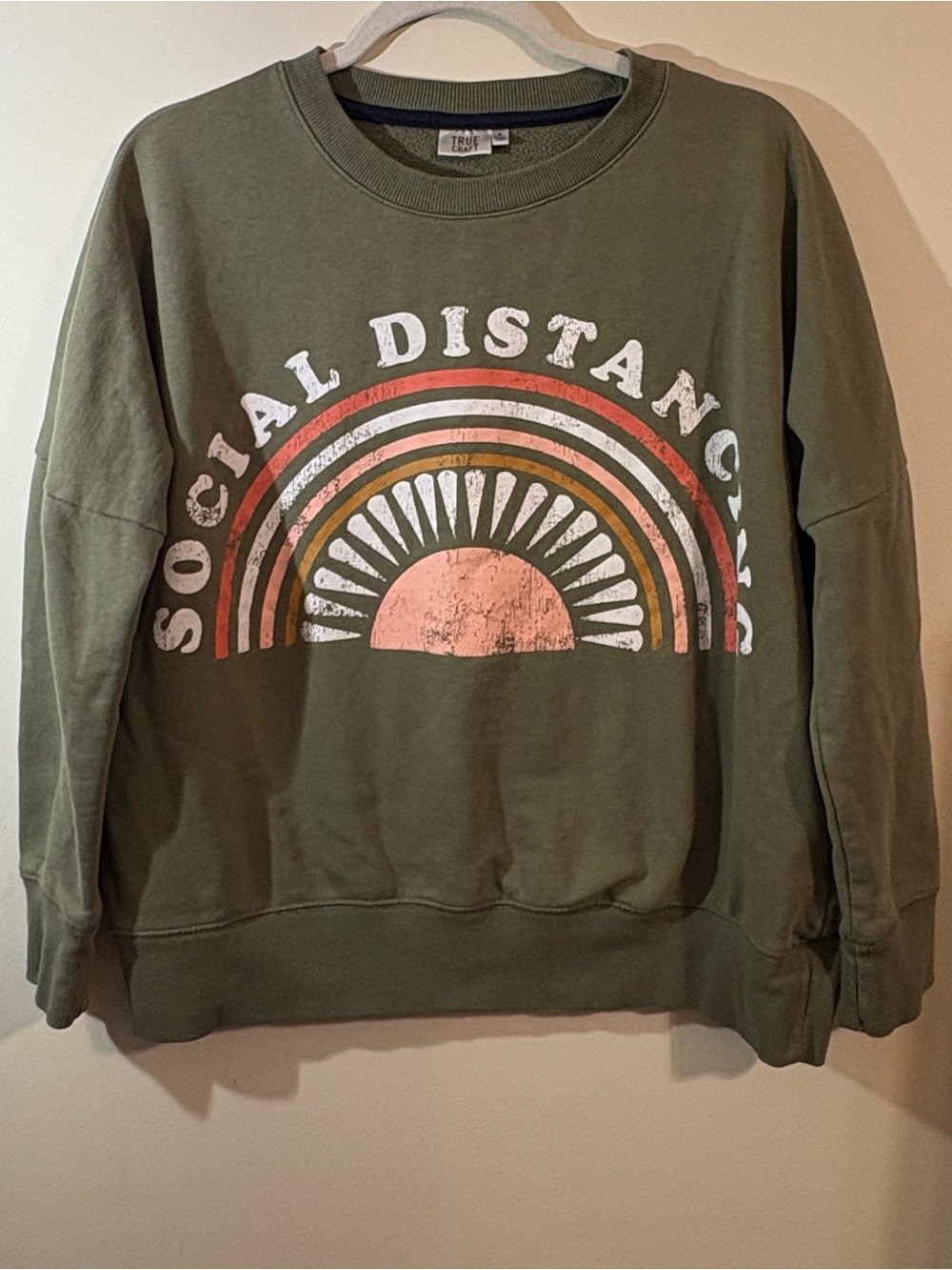 True Craft sweatshirt Social Distancing Rainbow Women’s Small Olive Crewneck